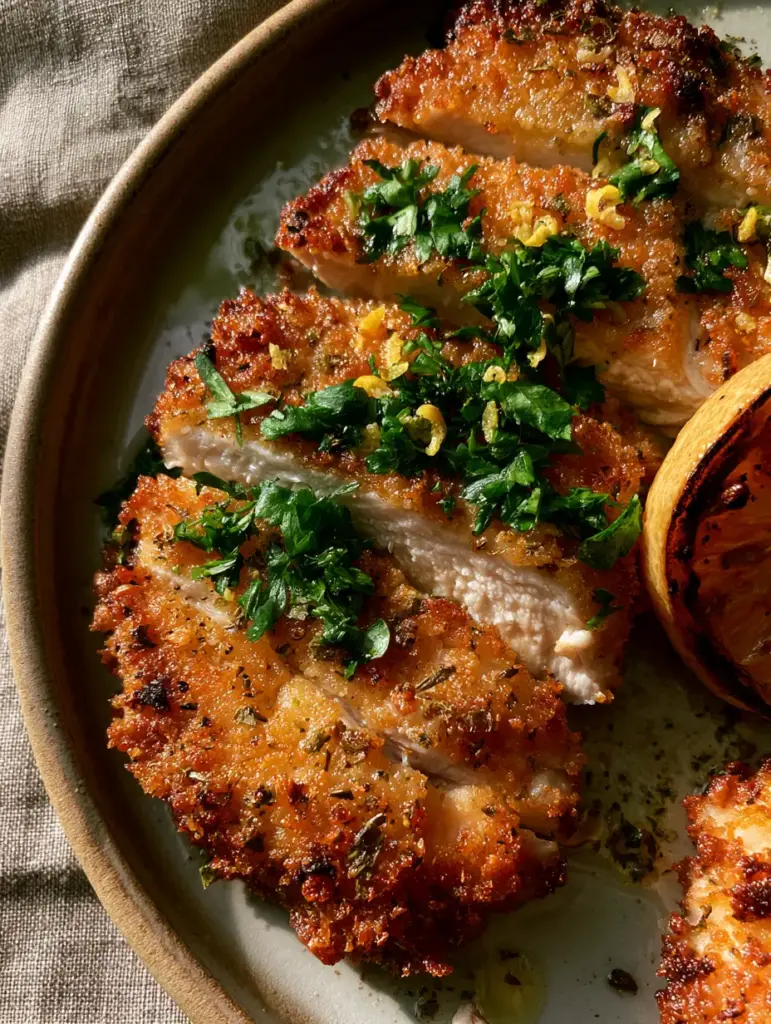 Mediterranean Chicken Cutlets with Crispy Parmesan Crust and Lemon 2 Close-up of Mediterranean chicken cutlets showing the moist white interior and thick panko crust with oregano flecks.