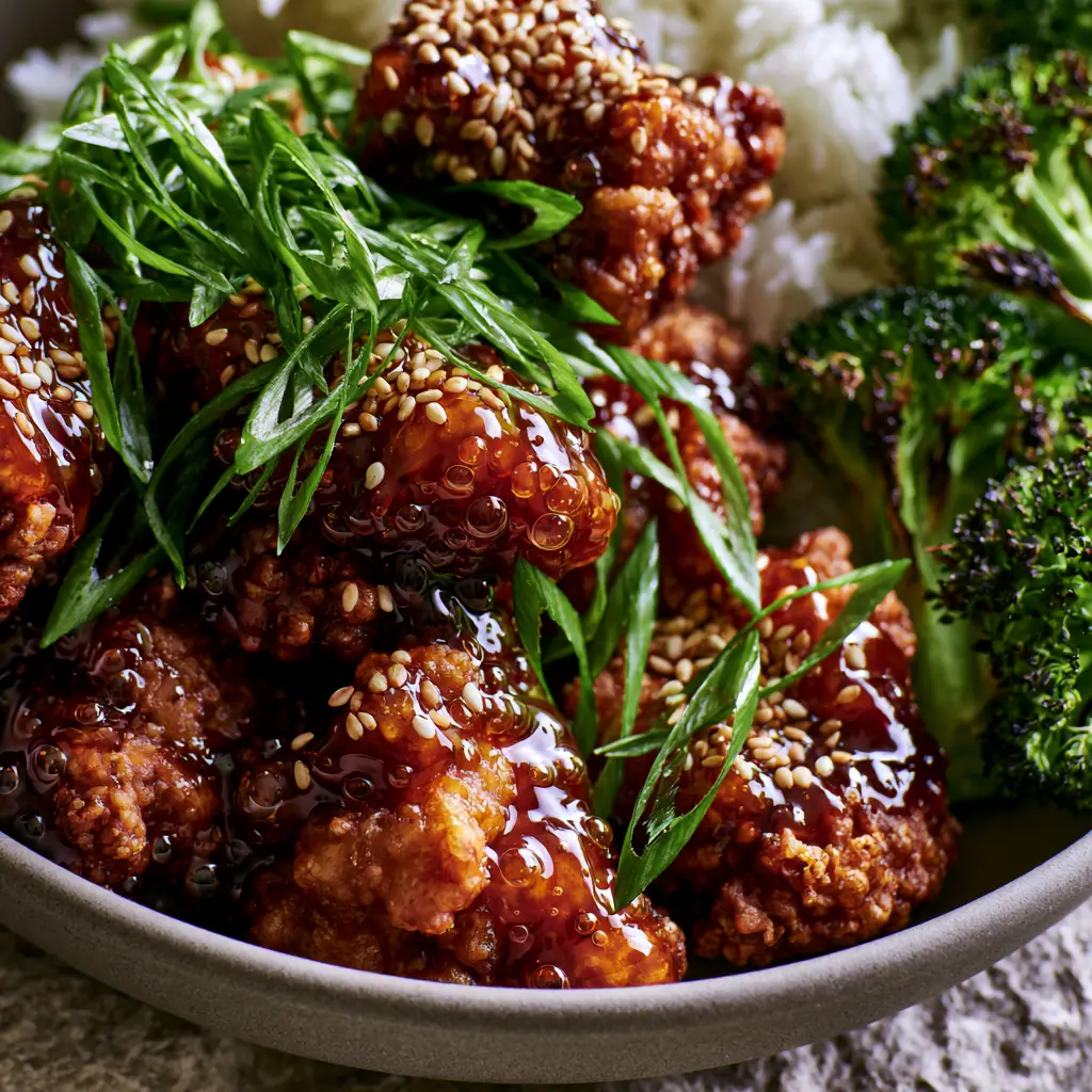 Extreme macro close-up of extra crispy bite-sized sesame chicken pieces showing visible air bubbles in a thick translucent dark amber honey-sesame glaze.