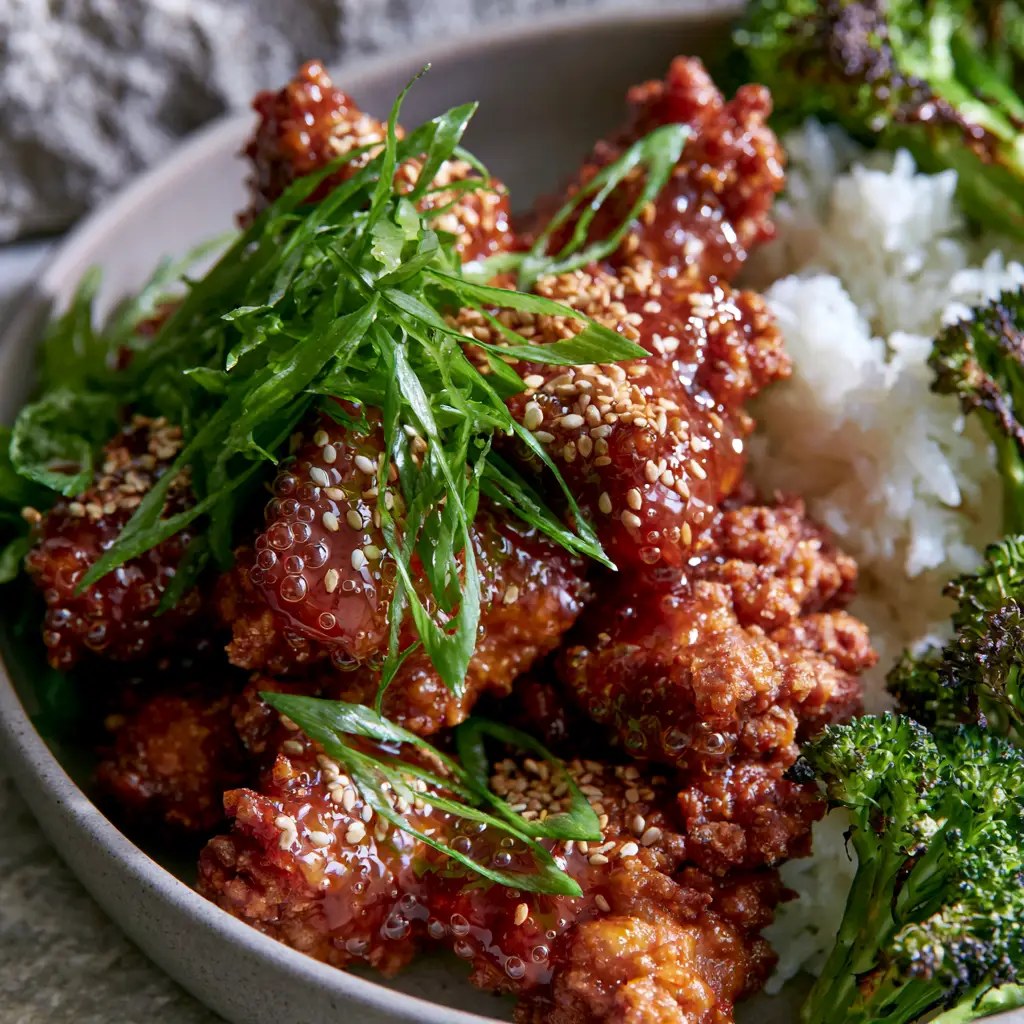 Close-up of golden fried chicken pieces generously garnished with toasted white sesame seeds and paper-thin emerald scallions on a limestone background.