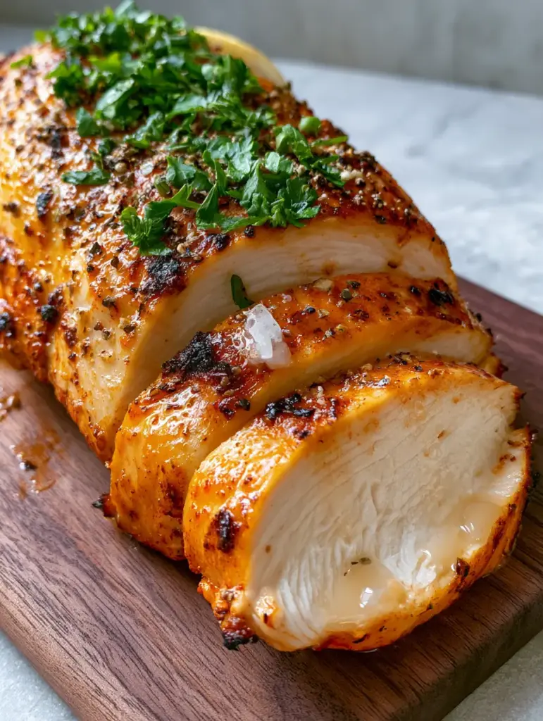 Macro shot of a thick Air Fryer Chicken Breast with a golden-orange seasoned crust and charred edges.