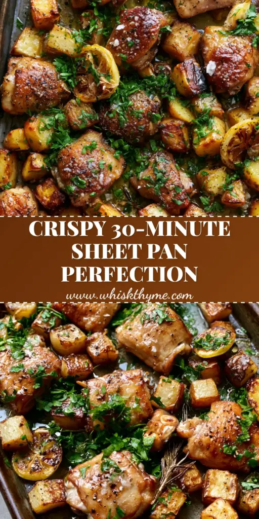 Chicken and Potatoes with Crispy Garlic Butter and Herbs 4 A rustic metal sheet pan filled with golden-brown chicken and potatoes, charred lemon, and fresh rosemary. (chicken and potatoes)