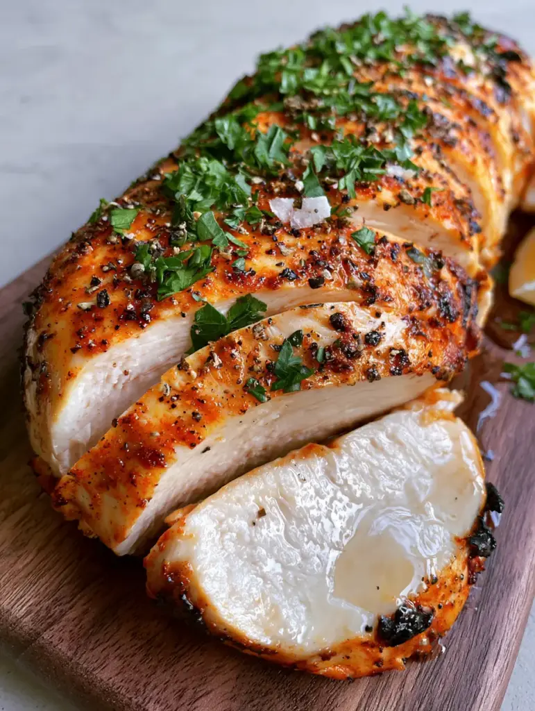 Air Fryer Chicken Breast: The Ultimate Juicy & Golden Guide 1 Sliced Air Fryer Chicken Breast revealing a moist, glistening succulent white interior on a dark walnut wood board.