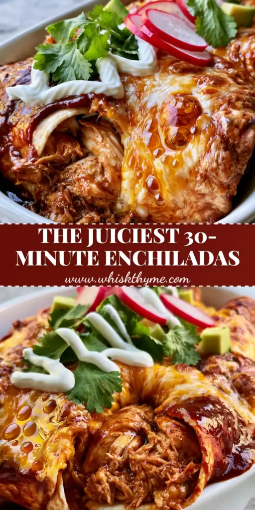 shredded chicken enchiladas with Melty Cheese and Guajillo Sauce 4 A close-up handheld smartphone photo of cheesy shredded chicken enchiladas in a white dish with radishes and avocado. (shredded chicken enchiladas)