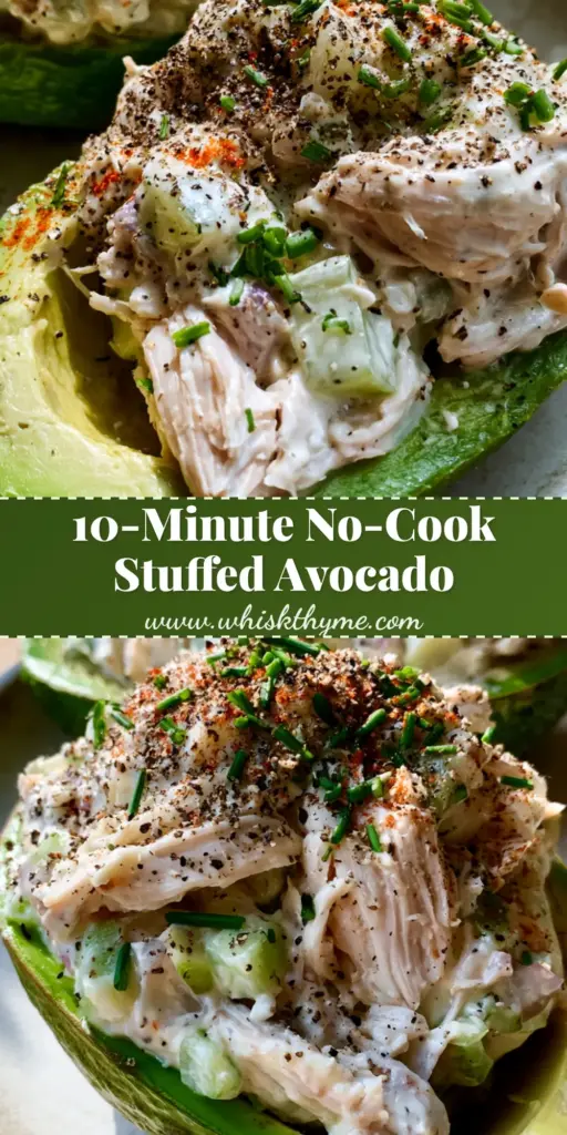 A vertical photo of two Chicken salad stuffed avocado halves topped with fresh chives and black pepper on a rustic plate. (Chicken salad stuffed avocado)