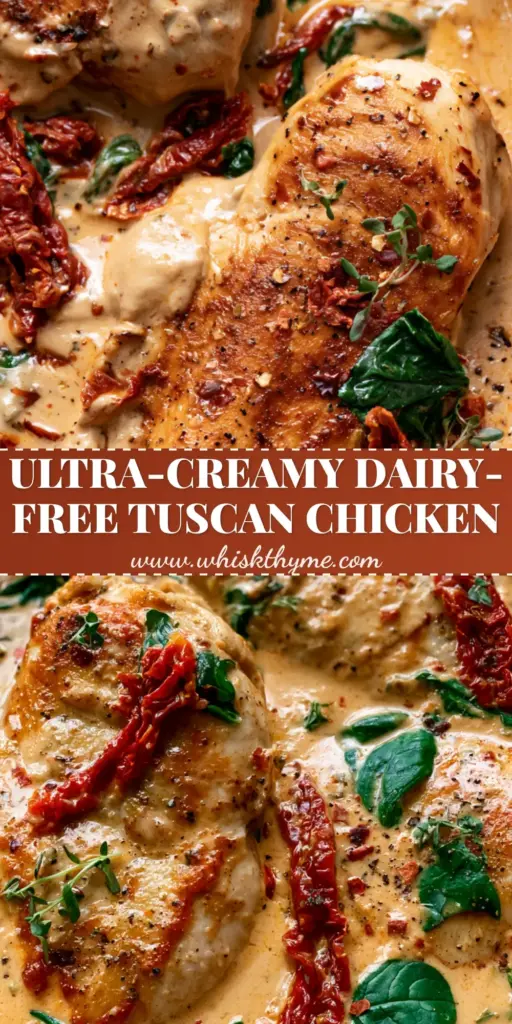 Dairy Free Tuscan Chicken with Creamy Cashew Sauce 4 A close-up of dairy free tuscan chicken in a matte skillet with creamy cashew sauce, spinach, and sun-dried tomatoes.