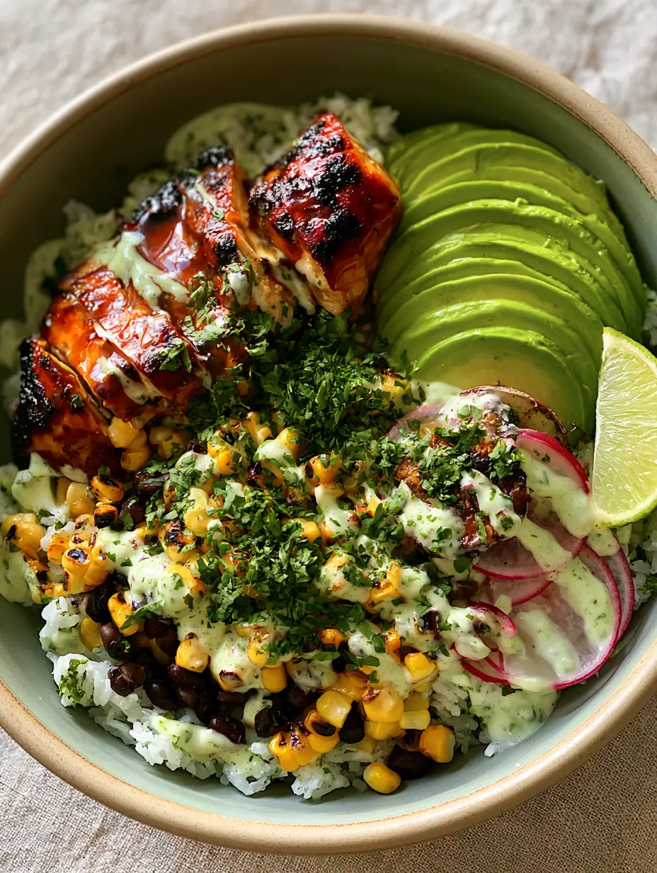 Honey Lime Chicken Avocado Bowl with Cilantro Lime Rice 4 Close up of seared honey-glazed chicken breast with crispy charred edges in a Honey lime chicken avocado bowl.