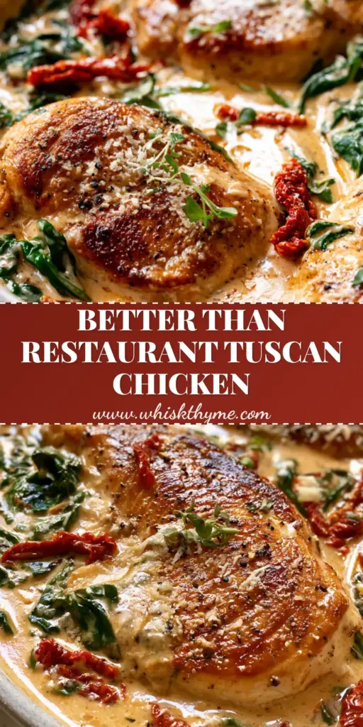 A Pinterest-style vertical graphic showing creamy low-carb tuscan chicken in a rustic skillet with ruby-red sun-dried tomatoes and spinach.