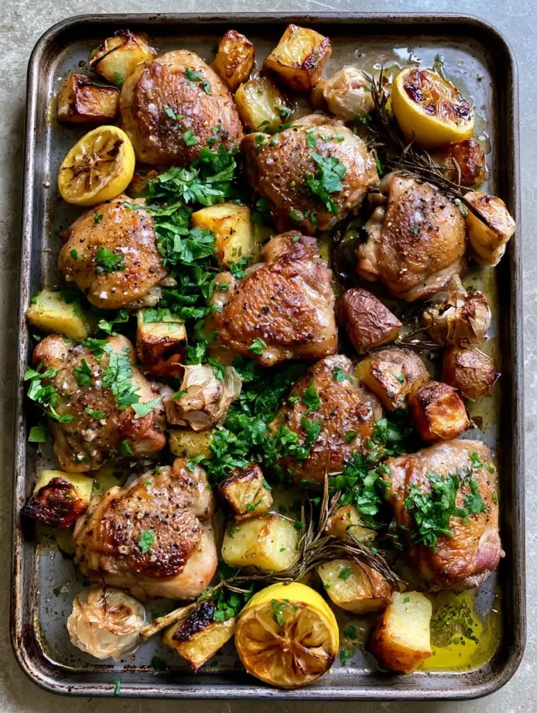 Top-down view of seared chicken thigh chunks and crispy Yukon Gold potato cubes with roasted garlic. (chicken and potatoes)