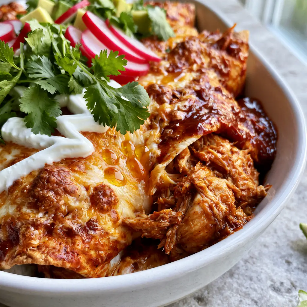 Juicy rotisserie chicken filling inside a sliced open flour tortilla enchilada. (shredded chicken enchiladas)