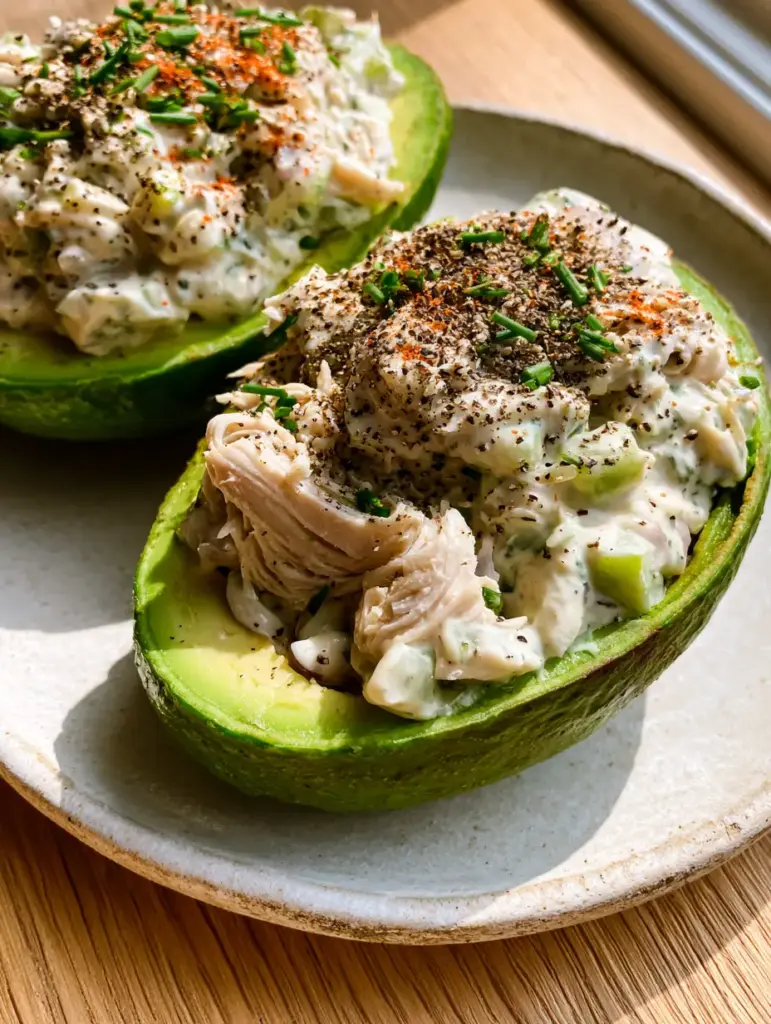 Close up handheld shot of a Chicken salad stuffed avocado showing the creamy rotisserie chicken filling and vibrant green fruit. (Chicken salad stuffed avocado)