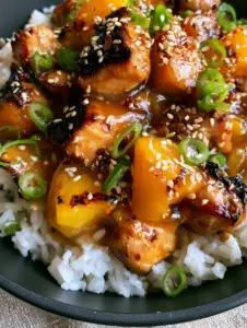A top-down macro shot of Pineapple Chicken and Rice showing succulent seared chicken and vibrant yellow pineapple tidbits over individual grains of jasmine rice.