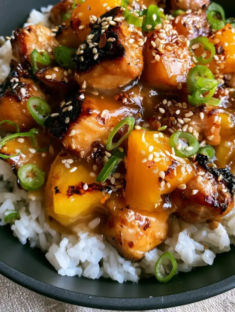 A top-down macro shot of Pineapple Chicken and Rice showing succulent seared chicken and vibrant yellow pineapple tidbits over individual grains of jasmine rice.