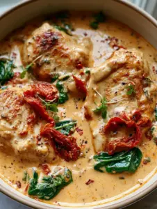 Top-down view of dairy free tuscan chicken showing golden-brown chicken breasts and thick orange-tinted cream sauce.