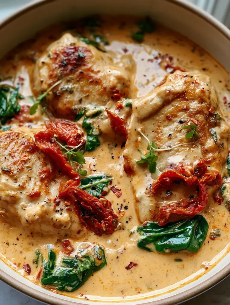 Top-down view of dairy free tuscan chicken showing golden-brown chicken breasts and thick orange-tinted cream sauce.