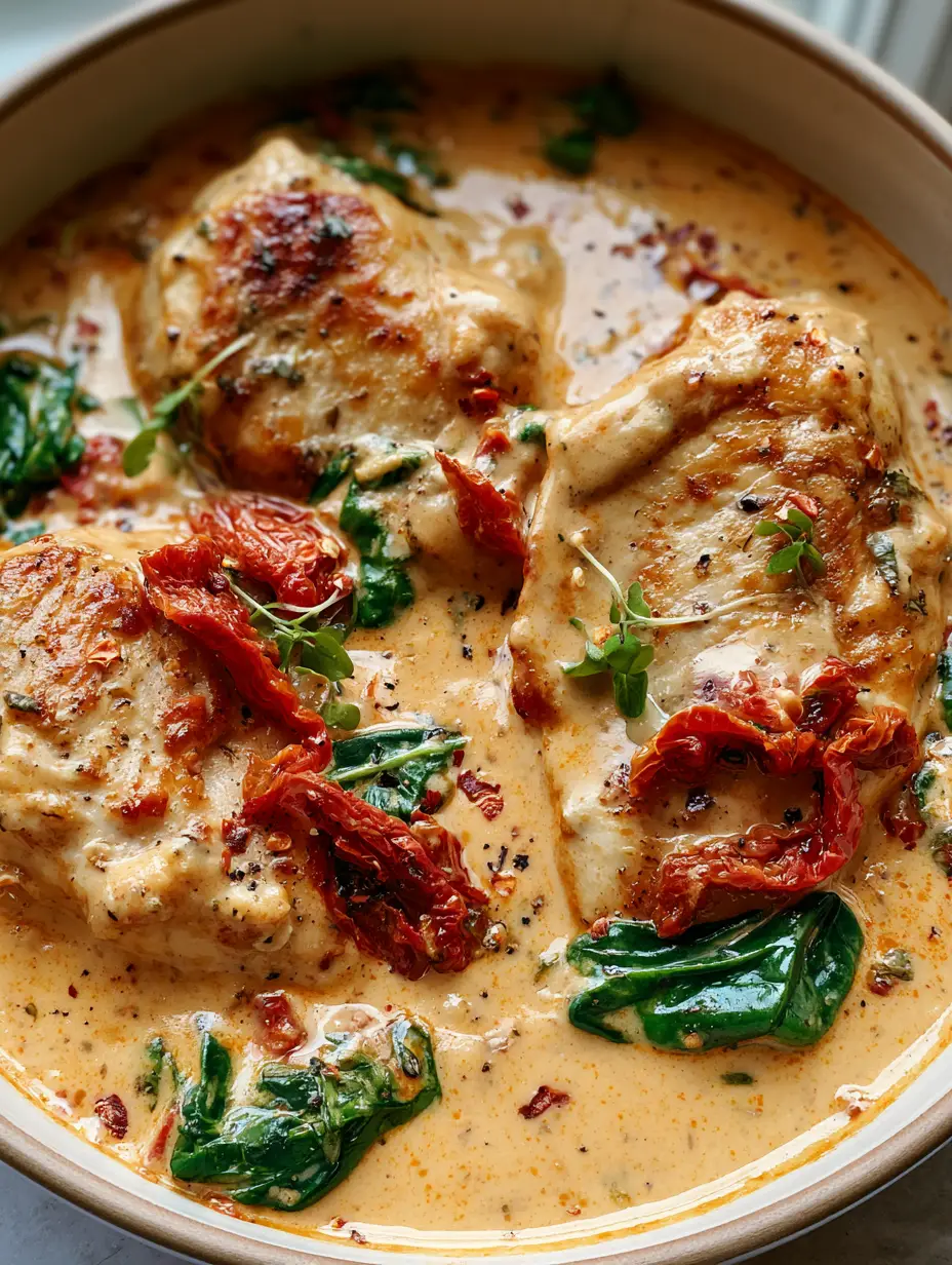 Dairy Free Tuscan Chicken with Creamy Cashew Sauce 3 Top-down view of dairy free tuscan chicken showing golden-brown chicken breasts and thick orange-tinted cream sauce.