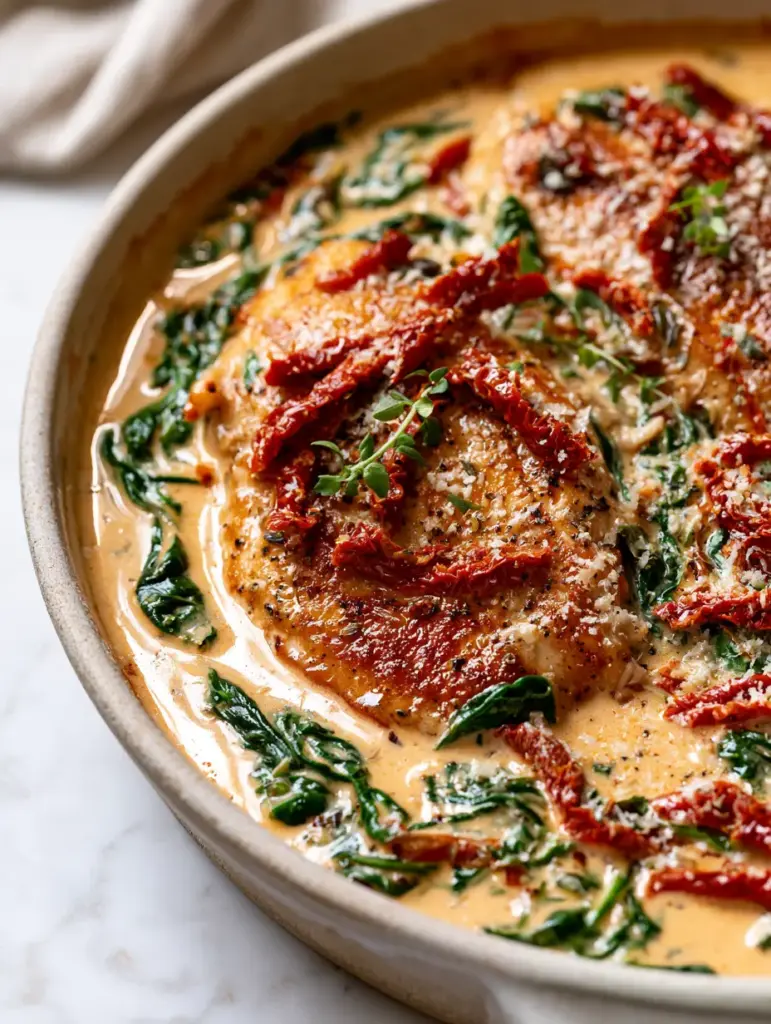 A close-up 45-degree hero shot of low-carb tuscan chicken in a rustic skillet, featuring golden-brown chicken and vibrant spinach in a pale-orange sauce.