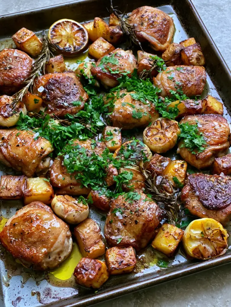 Chicken and Potatoes with Crispy Garlic Butter and Herbs 1 Roasted chicken and potatoes glistening with garlic butter glaze and sprinkled with sea salt flakes.