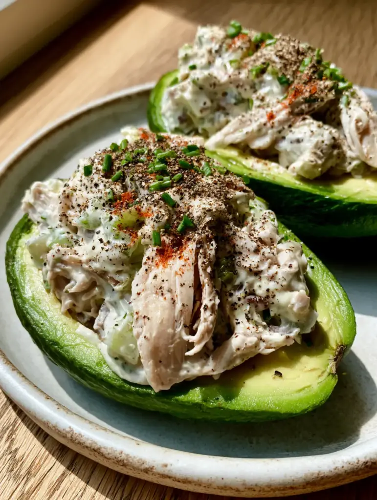 Two halves of a Chicken salad stuffed avocado on a matte white plate with a scoop taken out of one side.