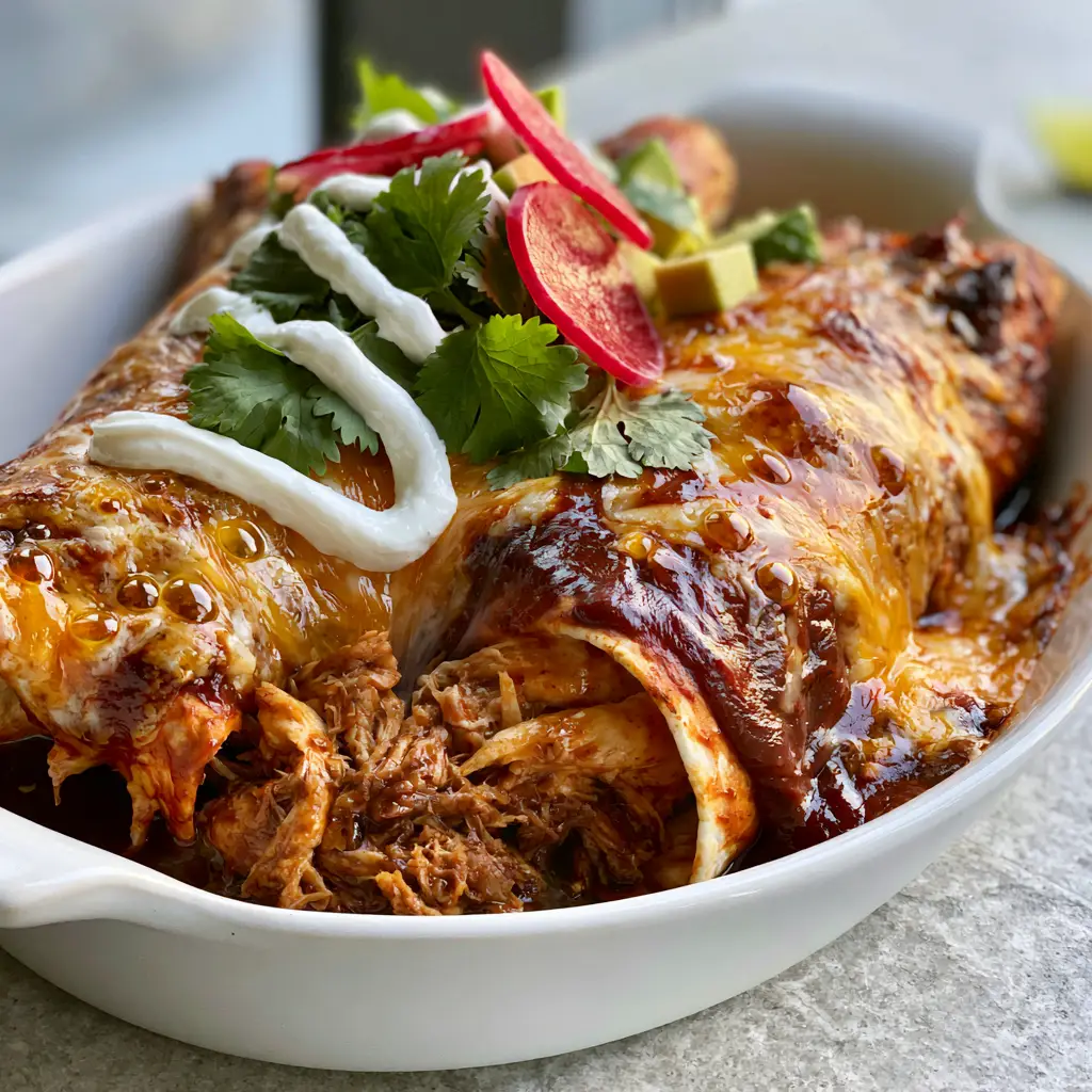 shredded chicken enchiladas with Melty Cheese and Guajillo Sauce 1 A top-down view of bubbling golden cheese with oil beads on shredded chicken enchiladas.