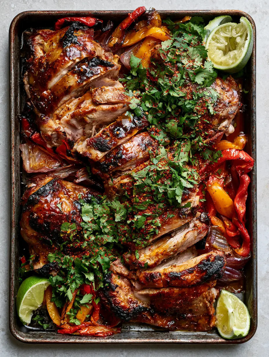 Extreme detail of charred chili lime chicken thigh slices with a wet zesty glaze and roasted garlic bits. (chili lime chicken)