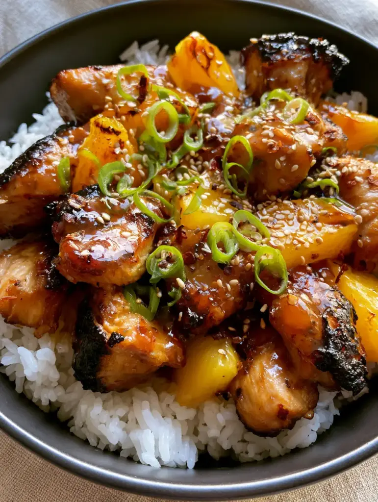 Pineapple Chicken and Rice with a Thick Glossy Amber Glaze 1 Macro view of Pineapple Chicken and Rice highlighting the deep golden-brown edges of the chicken and the bright green scallion garnish.