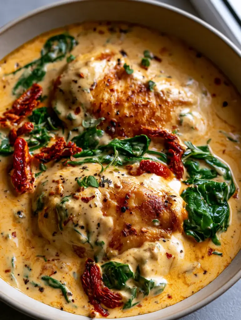 Dairy Free Tuscan Chicken with Creamy Cashew Sauce 1 Close up of the creamy sauce in dairy free tuscan chicken with wilted spinach and julienned sun-dried tomatoes.