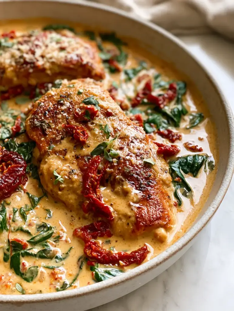 Close-up shot of julienned sun-dried tomatoes and wilted spinach in a thick garlic parmesan cream sauce for low-carb tuscan chicken.