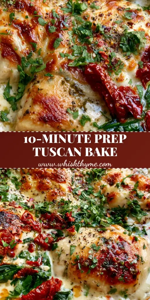 A bubbling ceramic dish of Creamy Tuscan baked spinach and chicken with a golden-charred cheese crust and red sun-dried tomatoes.