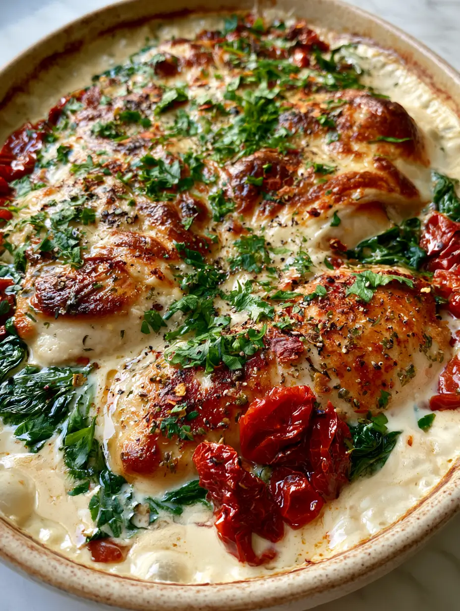 Close-up of Creamy Tuscan baked spinach and chicken showing the ivory sauce and melted toasted parmesan cheese.