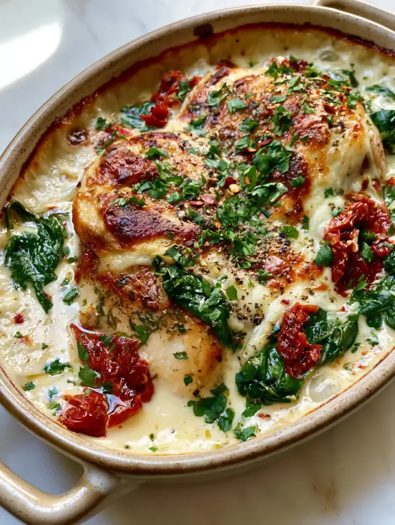 Juicy chicken breasts seared golden-brown in a creamy sauce with wilted spinach. (Creamy Tuscan baked spinach and chicken)