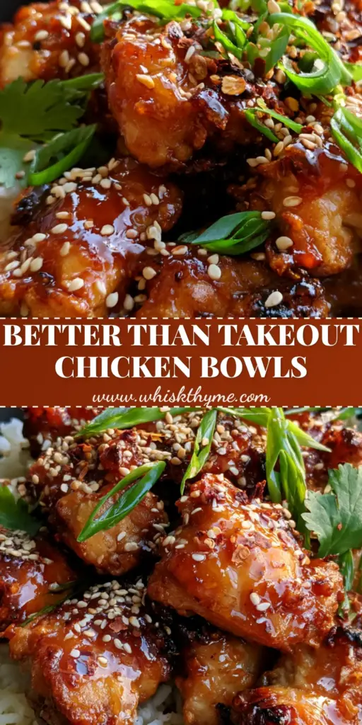 Sweet Chili Chicken Rice Bowls: The Ultimate 30-Minute Air Fryer Dinner 3 A close-up of Sweet Chili Chicken Rice Bowls featuring glossy amber-red chicken pieces with charred edges over white jasmine rice in a black bowl.