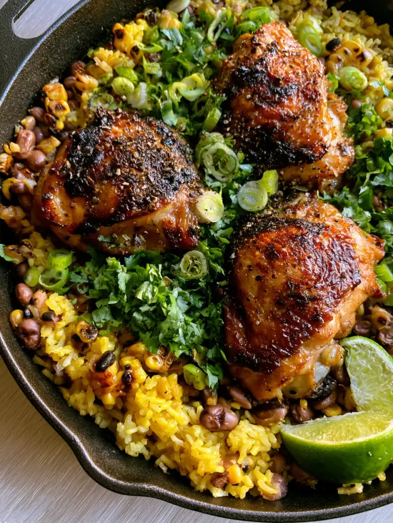Overhead shot of a cast iron skillet with yellow rice, black beans, charred corn, and lime wedges. (Chicken Yellow Rice Black Beans)