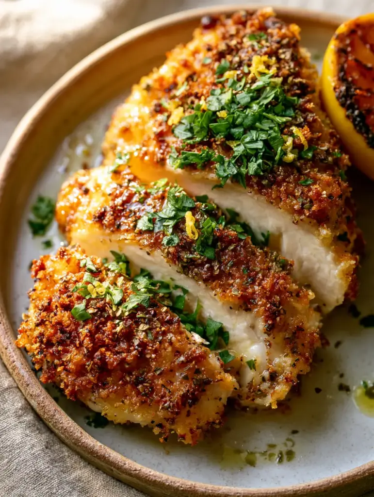 Mediterranean Chicken Cutlets with Crispy Parmesan Crust and Lemon 1 Mediterranean chicken cutlets on a rustic plate with lemon zest curls and charred lemon wedges.