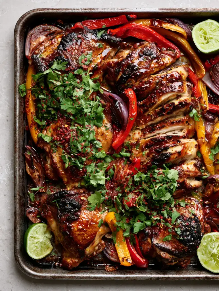 Sheet pan filled with chili lime chicken, blistered yellow bell peppers, and fresh cilantro garnish.