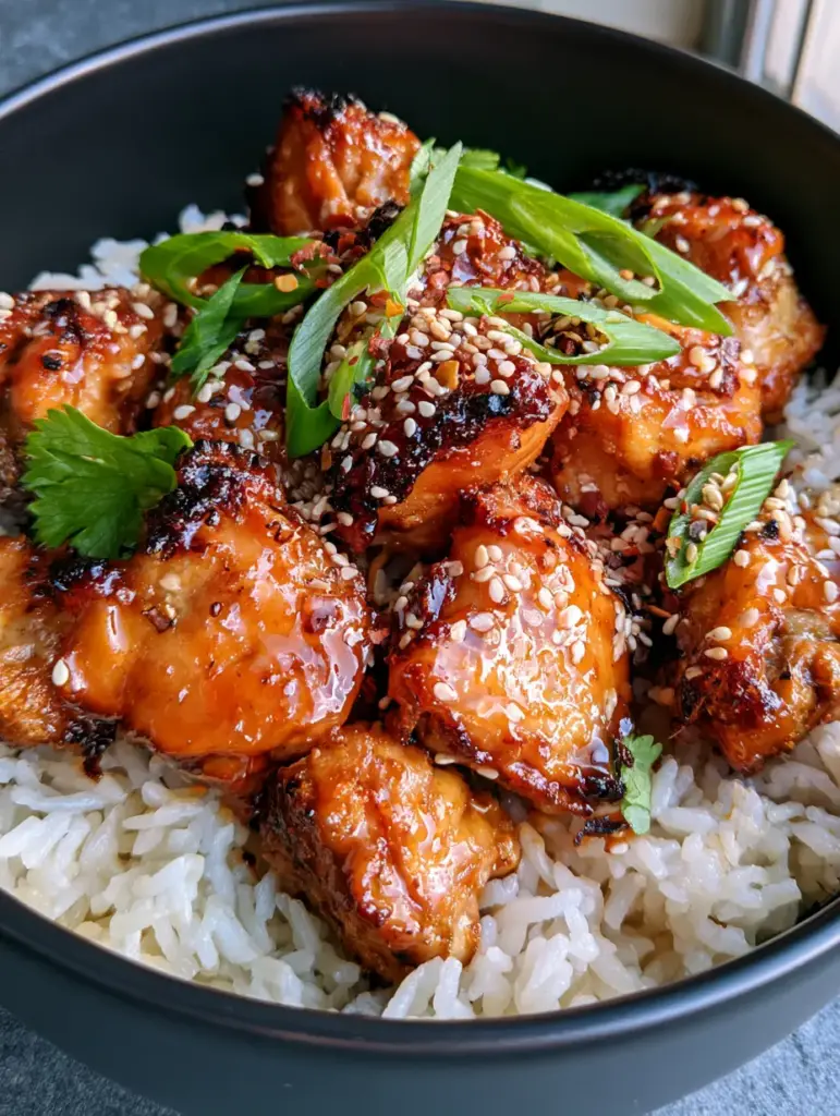 Sweet Chili Chicken Rice Bowls: The Ultimate 30-Minute Air Fryer Dinner 2 Bite-sized air-fried chicken pieces coated in a thick red sweet chili glaze for Sweet Chili Chicken Rice Bowls.