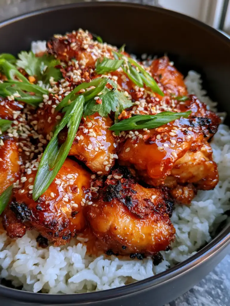 Sweet Chili Chicken Rice Bowls: The Ultimate 30-Minute Air Fryer Dinner 1 Sweet Chili Chicken Rice Bowls garnished with green scallions, cilantro, and toasted sesame seeds in a modern black ceramic bowl.