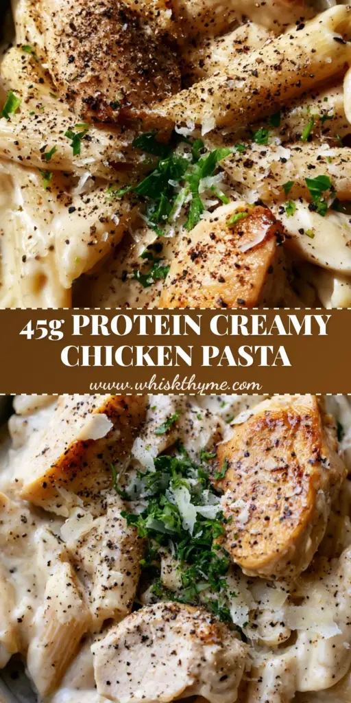 High Protein Chicken Pasta with Velvety Ivory Cream Sauce 3 Top-down view of high protein chicken pasta in a matte ceramic bowl with a glisten of olive oil and fresh parsley.