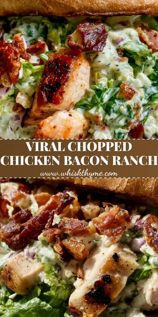 A viral Chopped Chicken Bacon Ranch Sandwich overflowing with seared chicken, crispy mahogany bacon bits, and emerald romaine lettuce in a toasted hoagie roll.