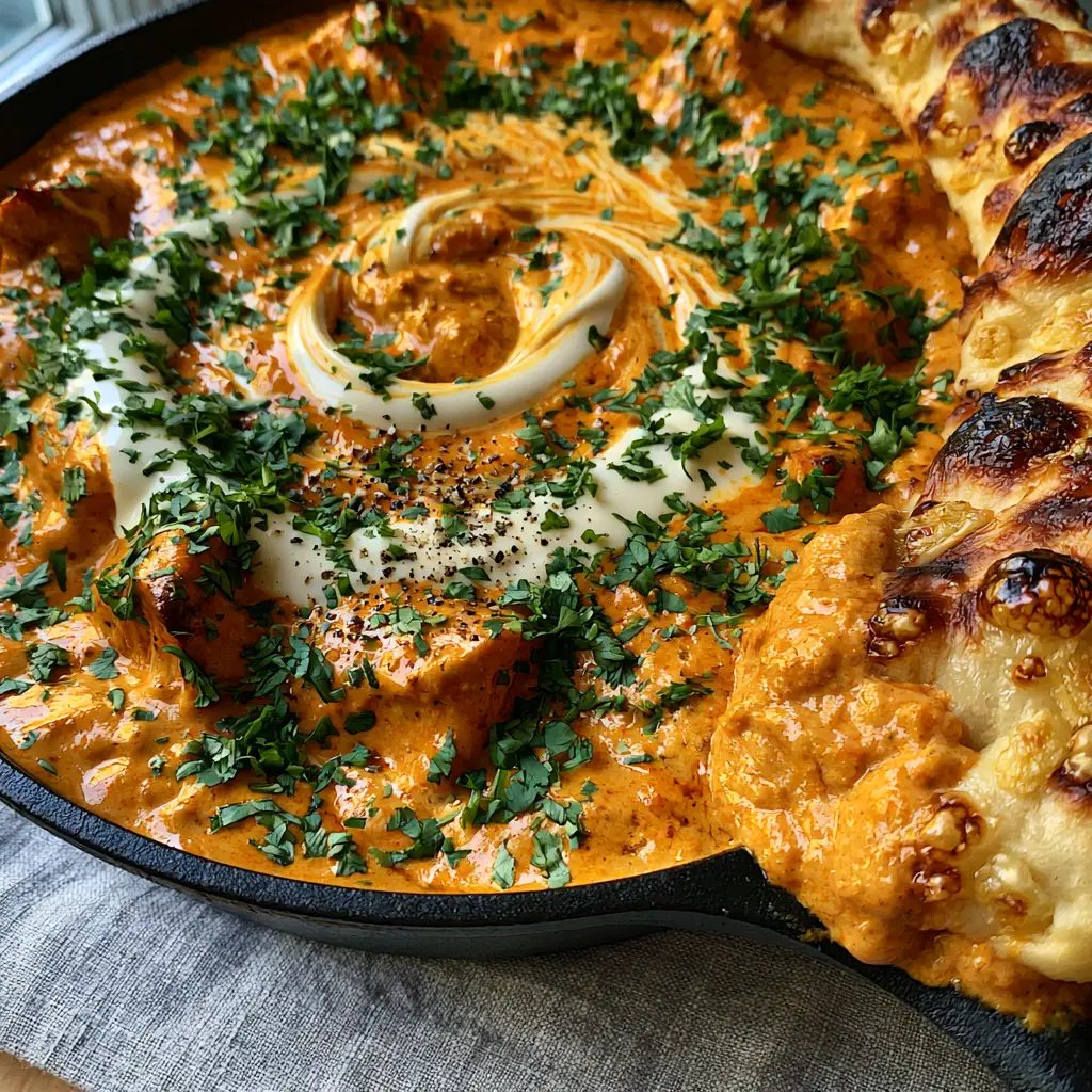 Butter Chicken Recipe: The Best Creamy Restaurant-Style Curry 2 High-angle view of a matte black cast iron skillet containing a creamy orange-gold Butter Chicken recipe with a cream spiral.