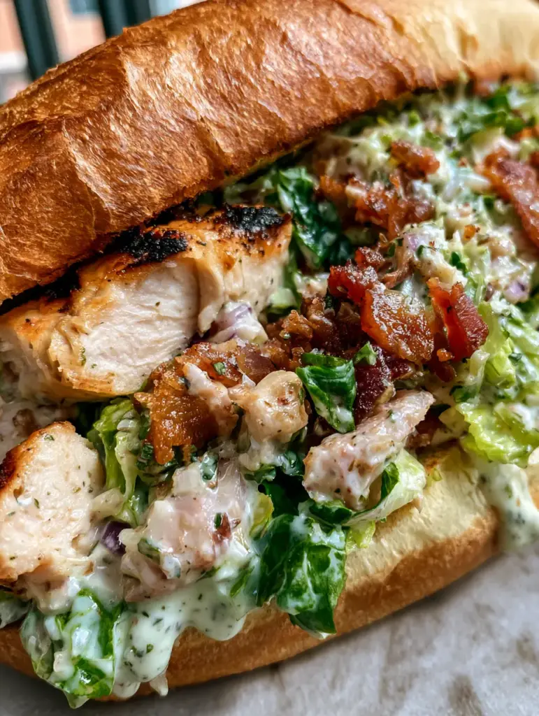 Extreme macro photo of the filling of a Chopped Chicken Bacon Ranch Sandwich showing char marks on chicken and glossy ranch dressing.
