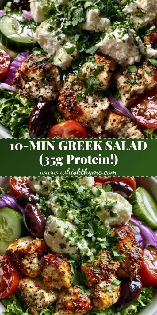Greek chicken salad with Lemon Oregano Vinaigrette 3 A vibrant Greek chicken salad in a white bowl featuring golden seared chicken, cherry tomatoes, cucumbers, and feta cheese. (Greek chicken salad)