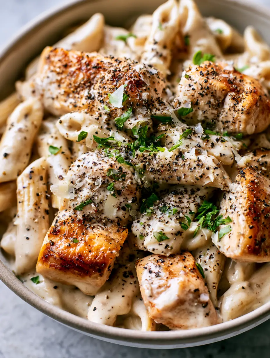 High Protein Chicken Pasta with Velvety Ivory Cream Sauce 4 Extreme close-up of golden-seared chicken breast chunks nestled in a thick ivory-colored cream sauce. (high protein chicken pasta)