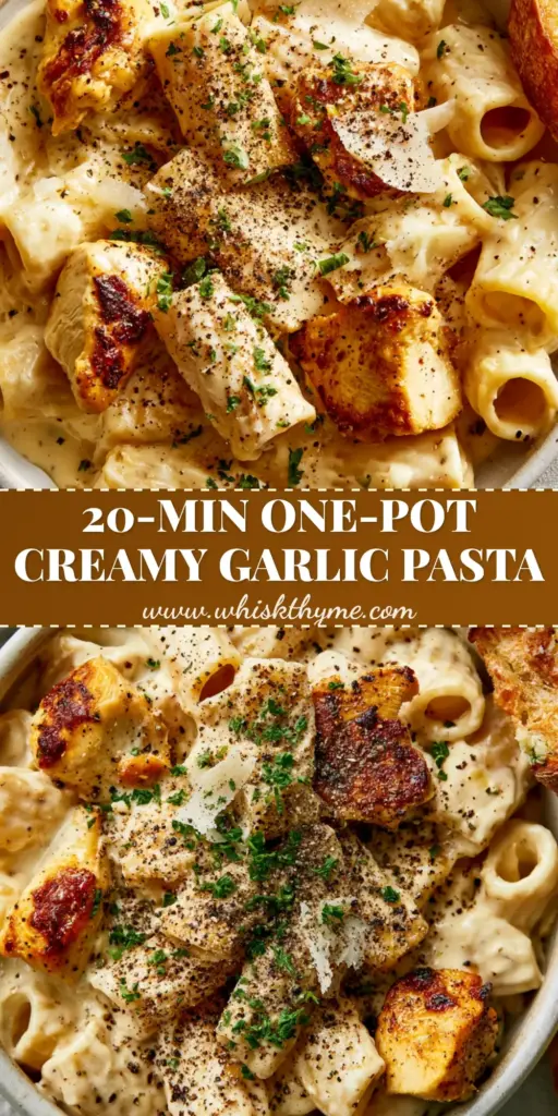 Velveeta Garlic Chicken Pasta: The Ultimate Creamy Comfort Food 3 A top-down close-up of Velveeta garlic chicken pasta with rigatoni, golden seared chicken, and a side of sourdough garlic bread.