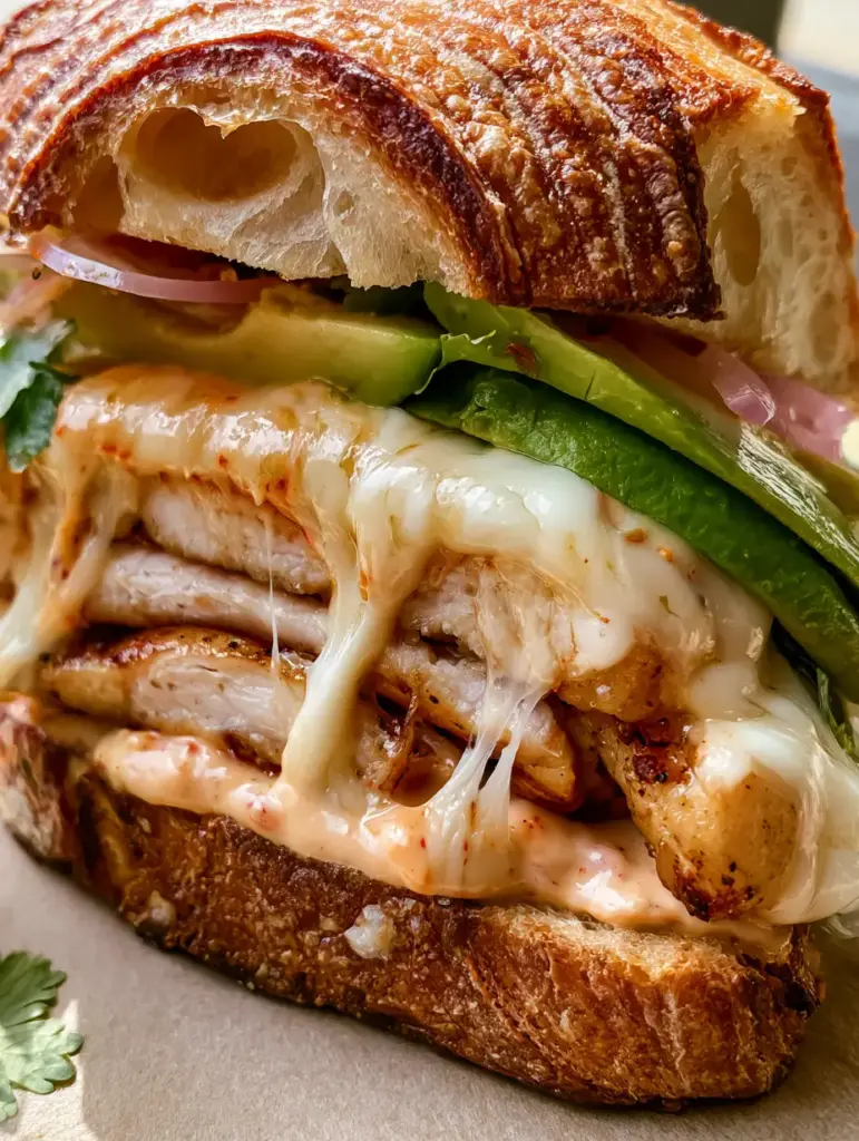 Macro shot of a Chicken Avocado Melt Sandwich showing dripping melted white sharp cheddar and buttery toasted sourdough ridges.
