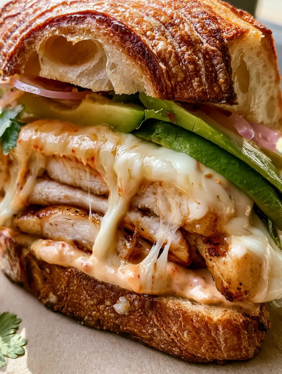 Macro shot of a Chicken Avocado Melt Sandwich showing dripping melted white sharp cheddar and buttery toasted sourdough ridges.
