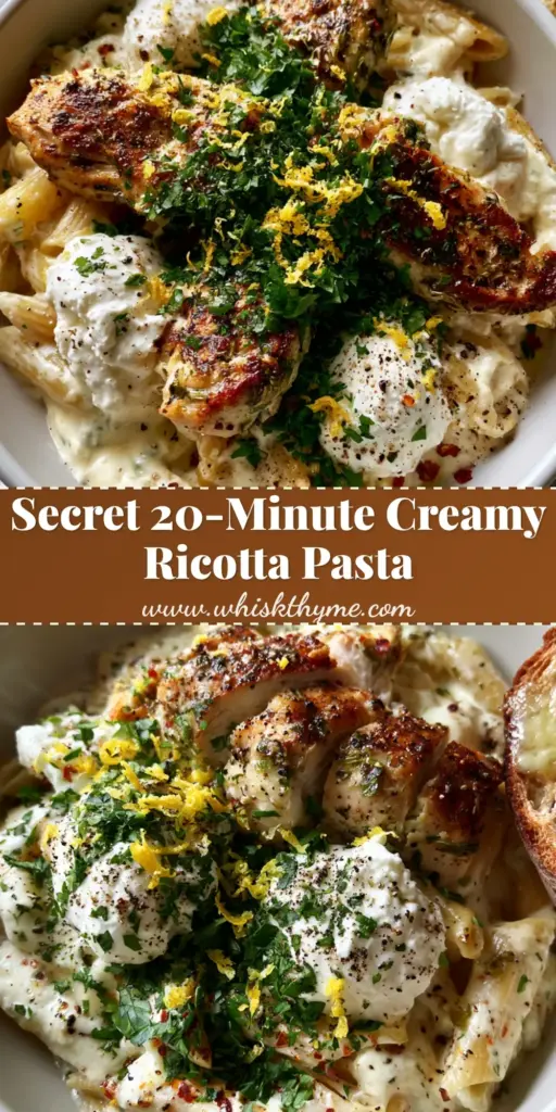 Creamy Ricotta Chicken Pasta with Lemon and Garlic 4 A top-down view of Creamy Ricotta Chicken Pasta in a white bowl featuring golden chicken medallions, fresh ricotta dollops, and lemon zest with a side of garlic sourdough.