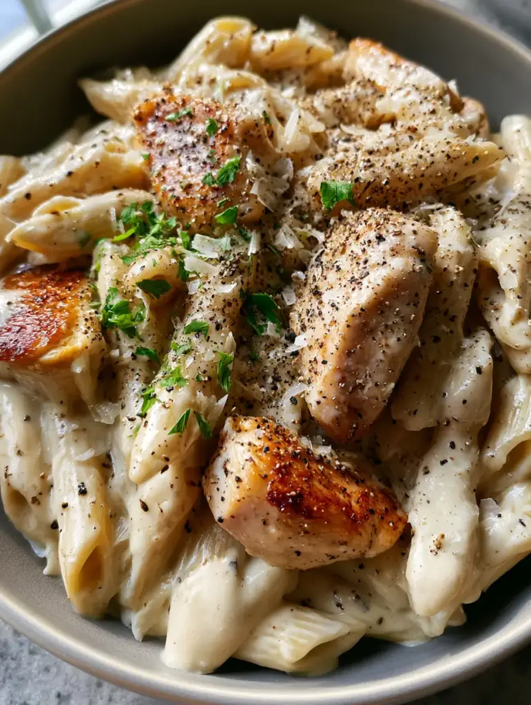 High Protein Chicken Pasta with Velvety Ivory Cream Sauce 1 Top-down angled shot of creamy penne pasta with parmesan micro-shavings and freshly cracked black pepper.