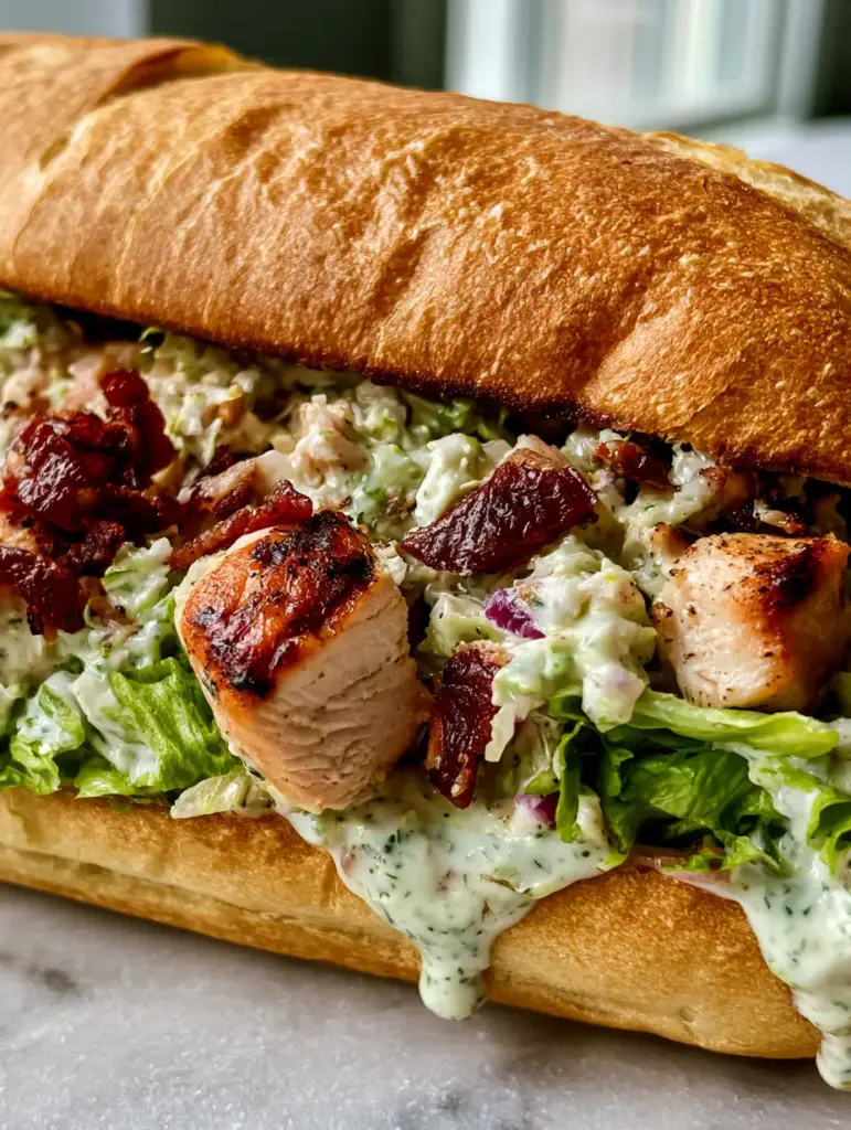 Macro view of a toasted hoagie roll packed with a uniform mixture of seared chicken, bacon, and emerald lettuce.