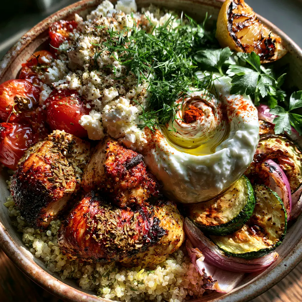Close up of seared chicken breast chunks with oregano char and blistered tomatoes. (Greek foods)