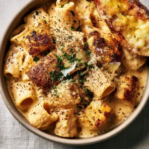 Close-up of rigatoni pasta coated in a thick golden Velveeta cheese sauce with seared chicken and parsley. (Velveeta garlic chicken pasta)